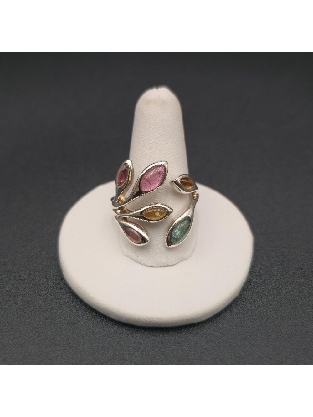Size 9.5 Sterling Silver Multi-Color Tourmaline Stone Leaf Band Ring A8594